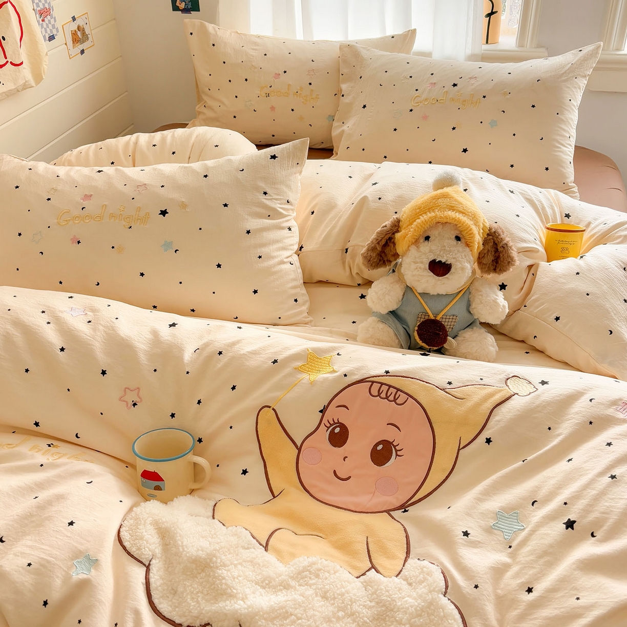 91家纺网 家纺一手货源 找家纺 我心家纺 2026新款卡通刺绣四件套 小萌宝-咖