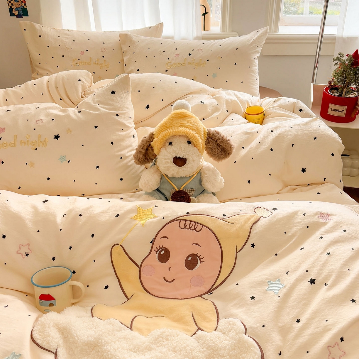 91家纺网 家纺一手货源 找家纺 我心家纺 2026新款卡通刺绣四件套 小萌宝-咖