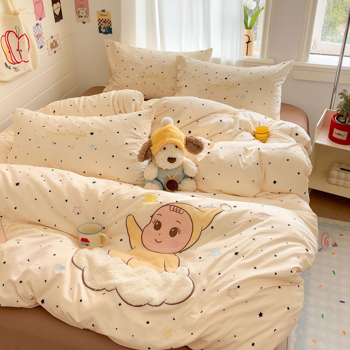 91家纺网 家纺一手货源 找家纺 我心家纺 2026新款卡通刺绣四件套 小萌宝-咖