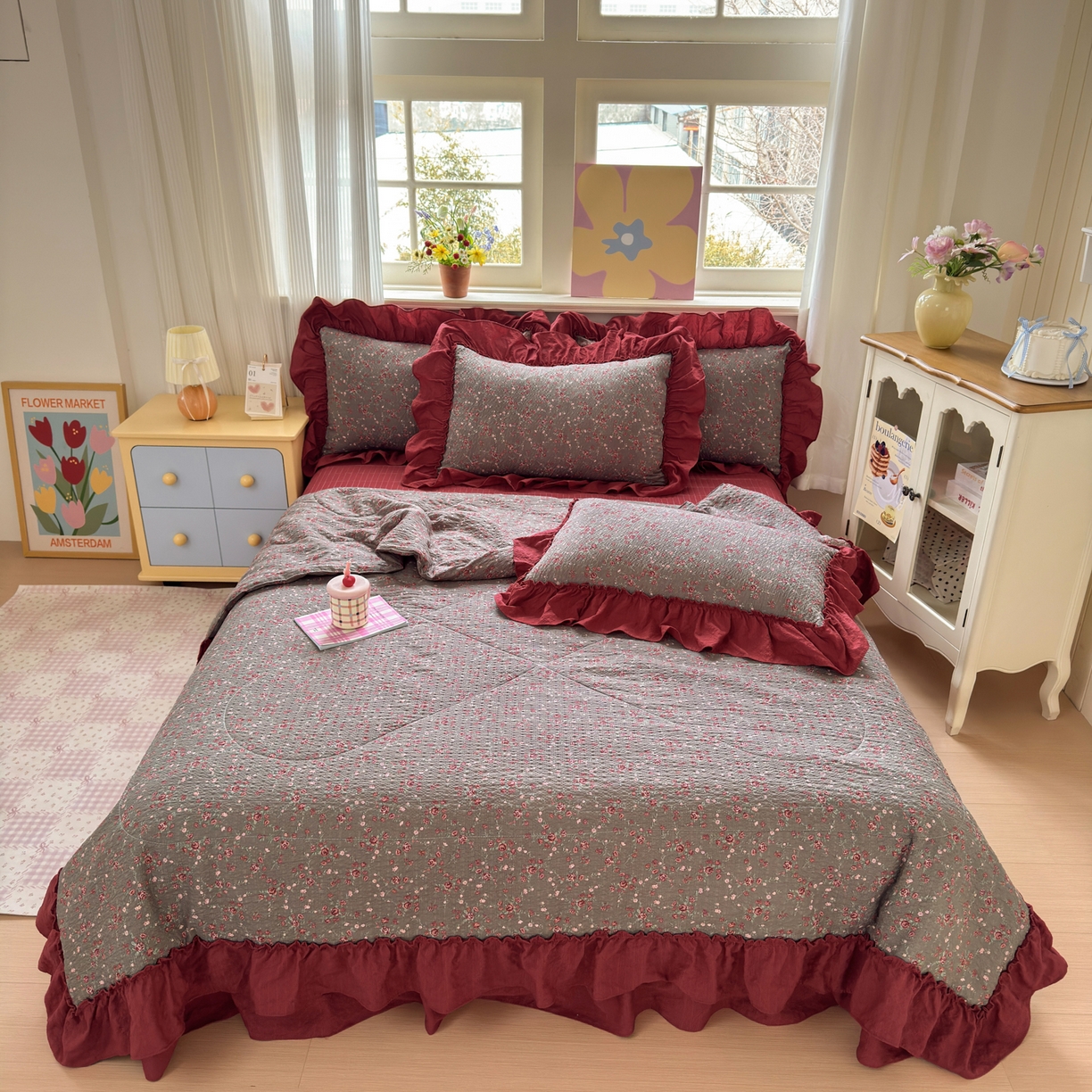 禾沐 2026新款云感泡芙棉床盖夏被四件套AA款（夏被款） 胭脂