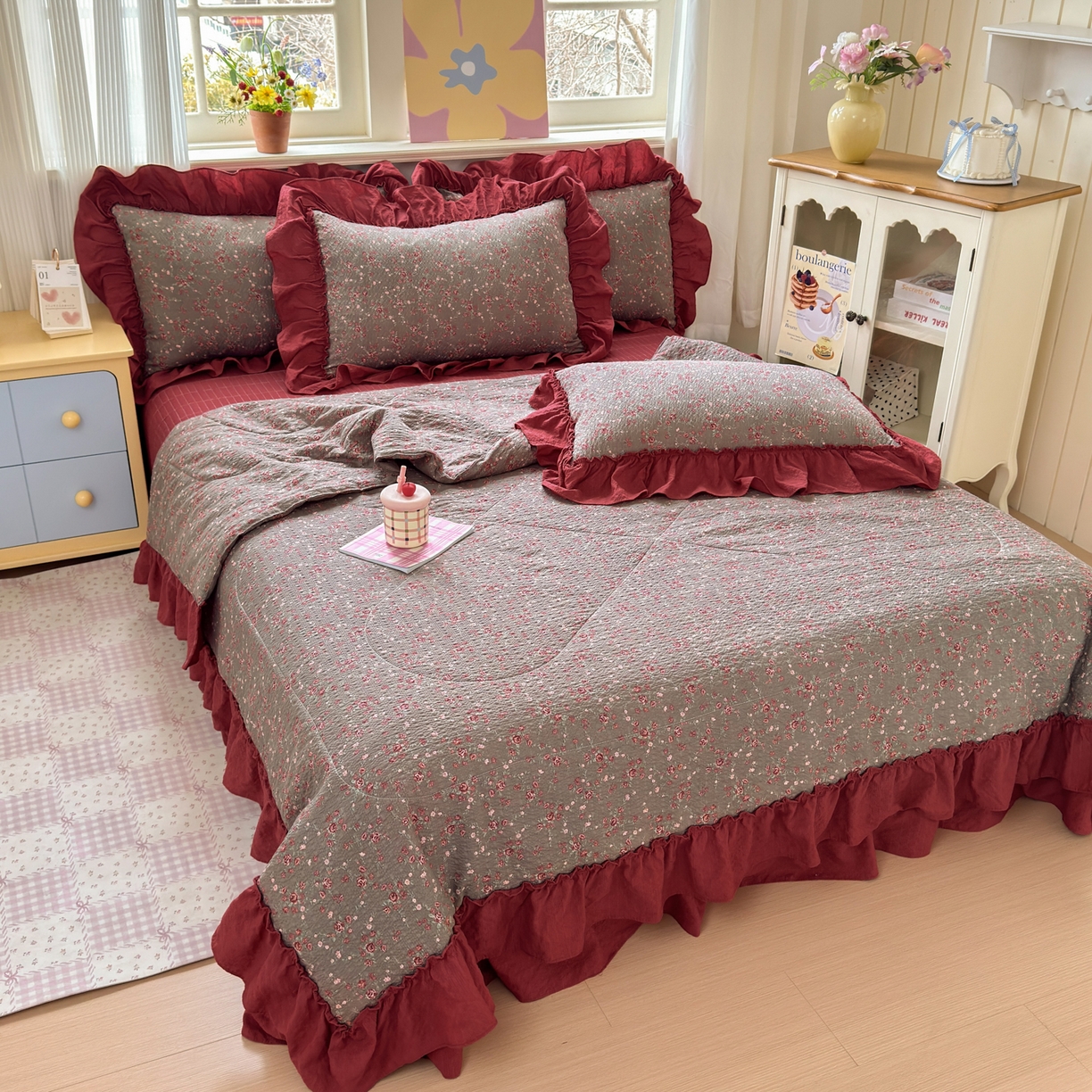 91家纺网 家纺一手货源 找家纺 禾沐 2026新款云感泡芙棉床盖夏被四件套AA款（夏被款） 胭脂