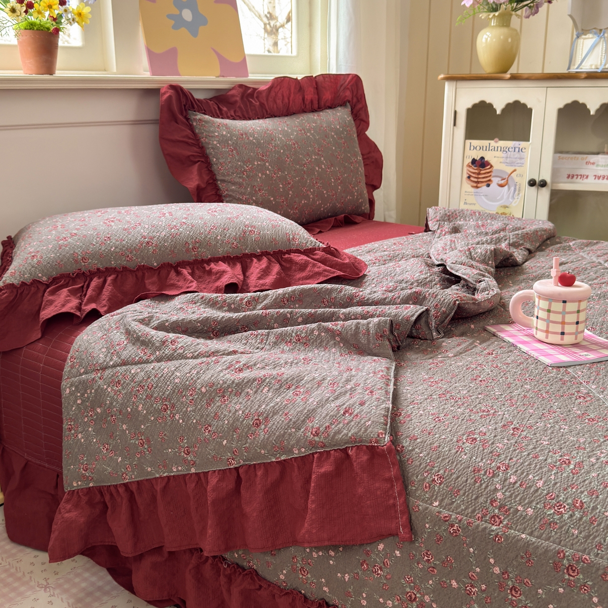 91家纺网 家纺一手货源 找家纺 禾沐 2026新款云感泡芙棉床盖夏被四件套AA款（夏被款） 胭脂