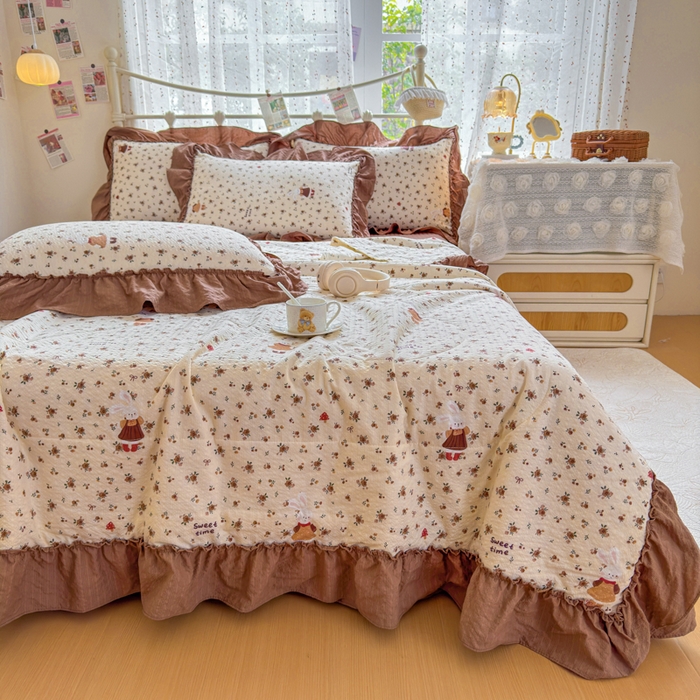 91家纺网 家纺一手货源 找家纺 梵希雅 2026新款泡芙纱床盖夏被四件套 田园兔