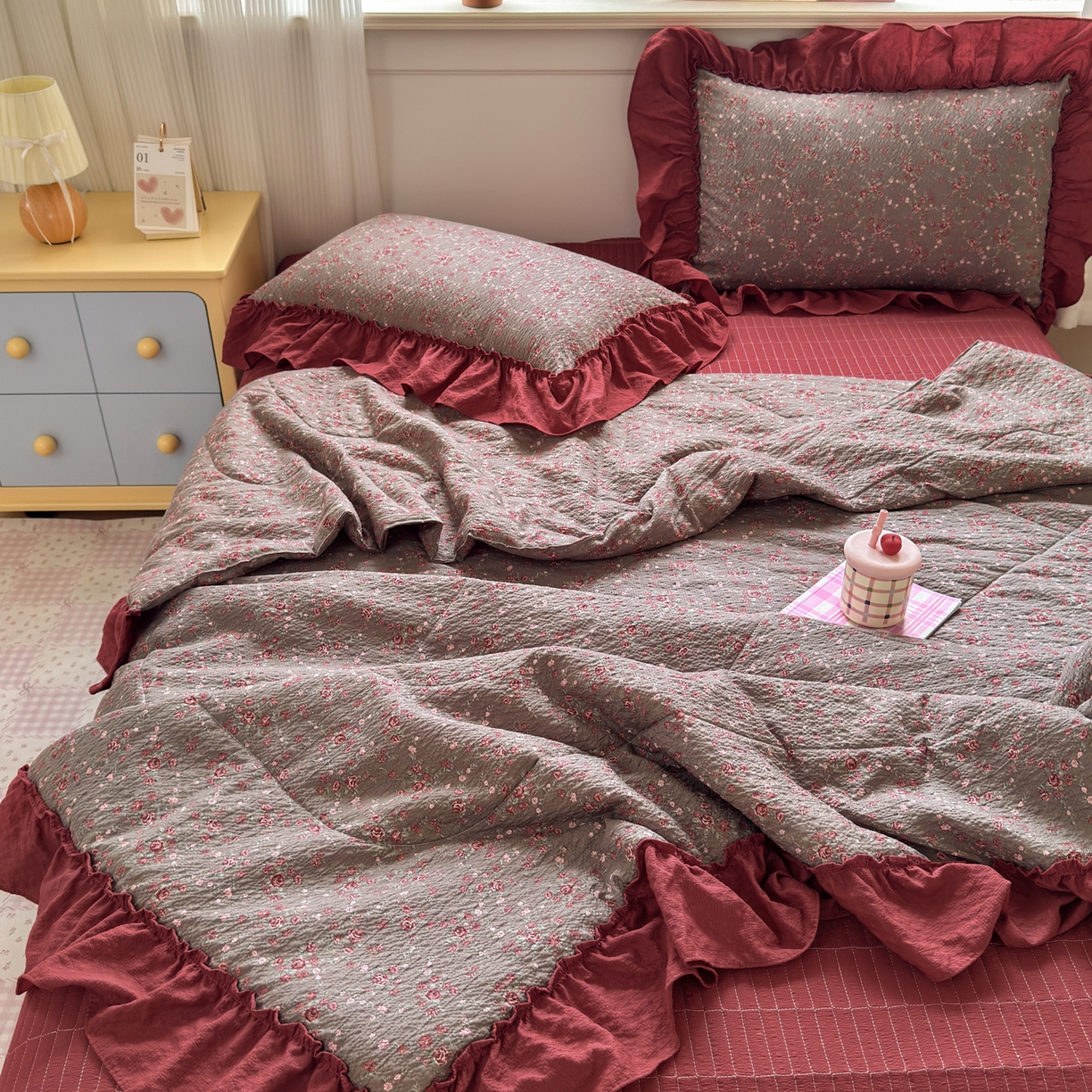 91家纺网 家纺一手货源 找家纺 禾沐 2026新款云感泡芙棉床盖夏被四件套AA款（夏被款） 胭脂