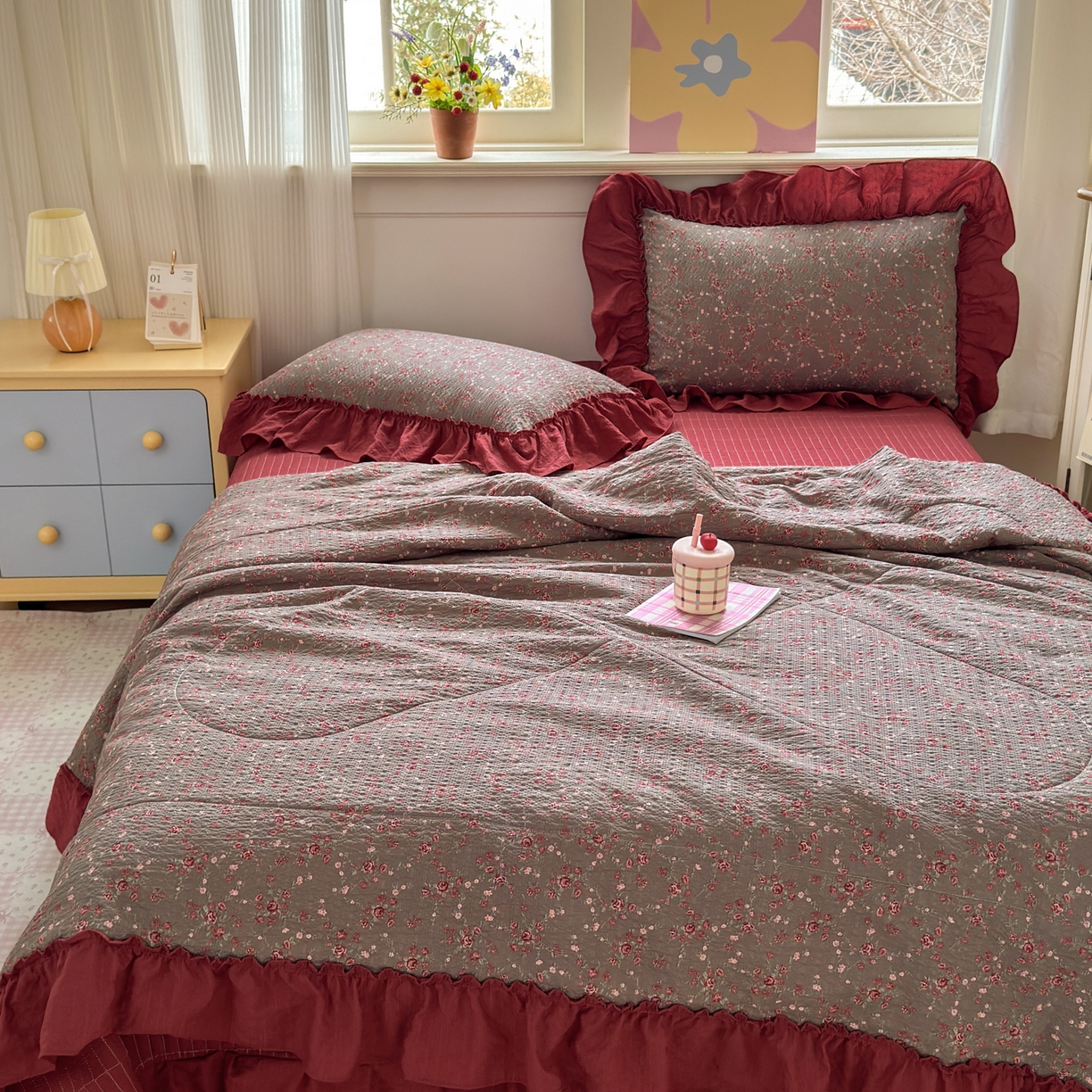 91家纺网 家纺一手货源 找家纺 禾沐 2026新款云感泡芙棉床盖夏被四件套AA款（夏被款） 胭脂