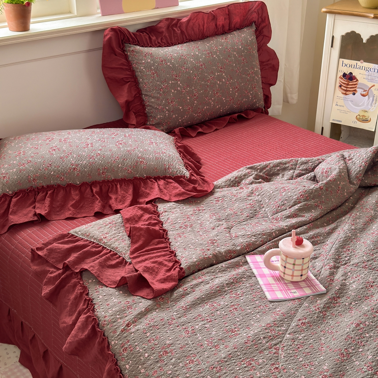91家纺网 家纺一手货源 找家纺 禾沐 2026新款云感泡芙棉床盖夏被四件套AA款（夏被款） 胭脂