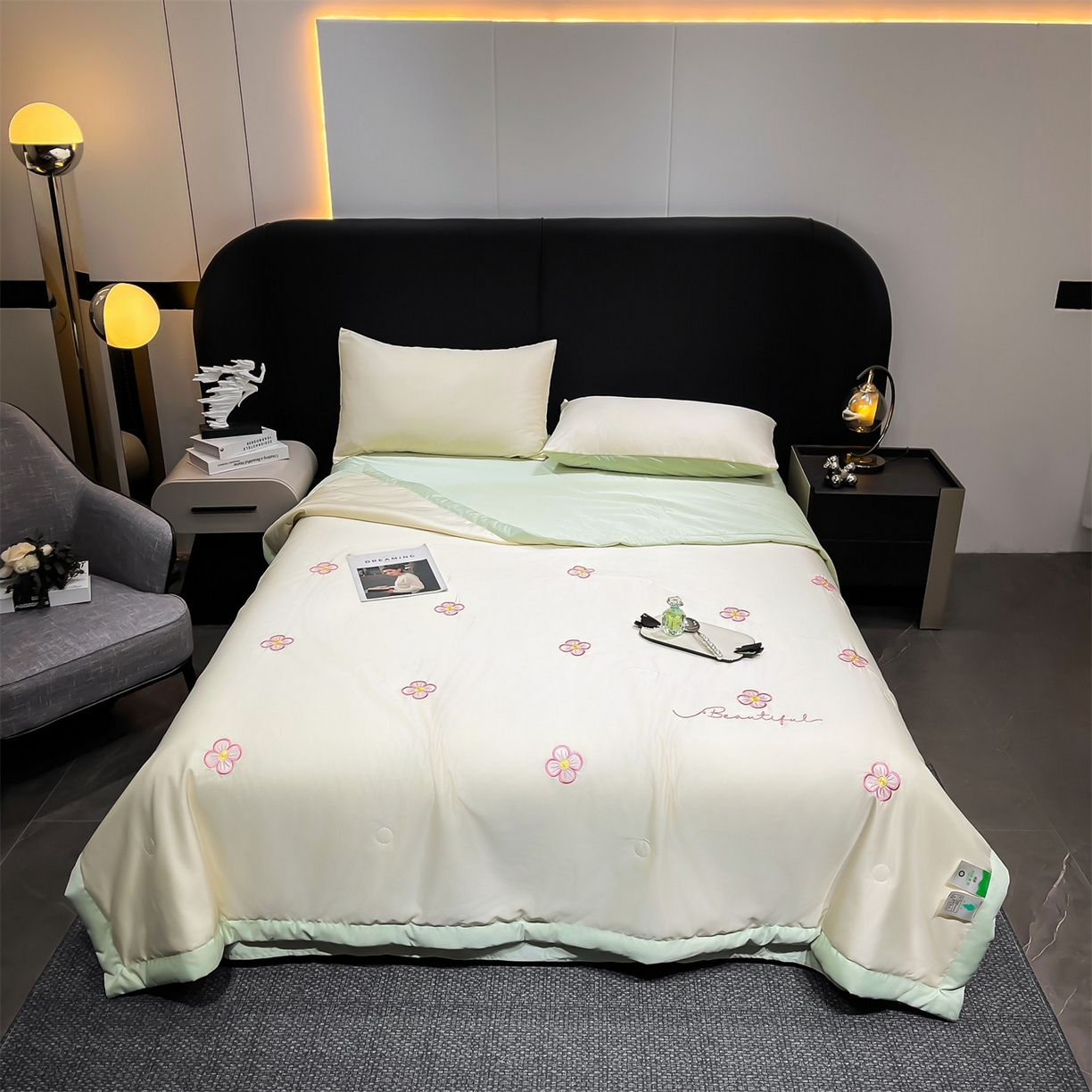 91家纺网 家纺一手货源 找家纺 梵蒂莎 2026新款满绣系列-水洗真丝空调被水洗冰丝夏被四件套夏凉被（需要买家秀，加微信） 花朵-白绿