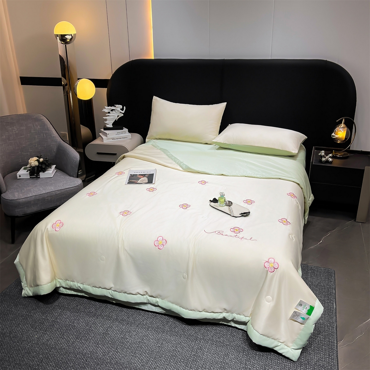 91家纺网 家纺一手货源 找家纺 梵蒂莎 2026新款满绣系列-水洗真丝空调被水洗冰丝夏被四件套夏凉被（需要买家秀，加微信） 花朵-白绿