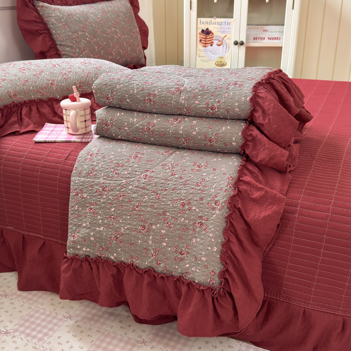 91家纺网 家纺一手货源 找家纺 禾沐 2026新款云感泡芙棉床盖夏被四件套AA款（夏被款） 胭脂