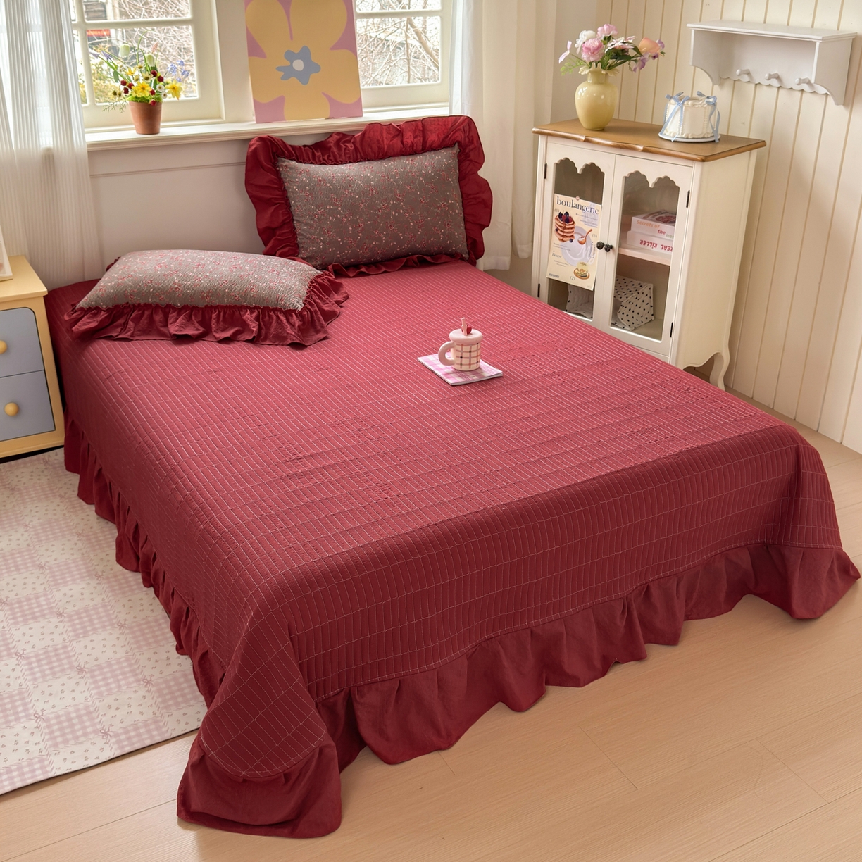 91家纺网 家纺一手货源 找家纺 禾沐 2026新款云感泡芙棉床盖夏被四件套AA款（夏被款） 胭脂