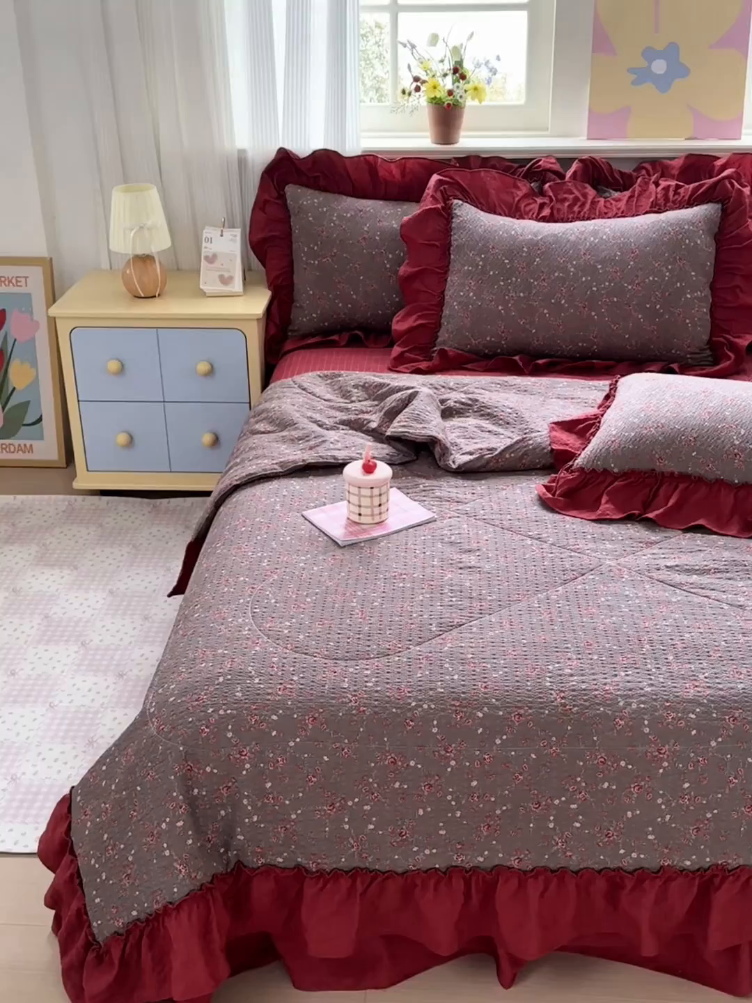 91家纺网 家纺一手货源 找家纺 禾沐 2026新款云感泡芙棉床盖夏被四件套AA款（夏被款） 胭脂