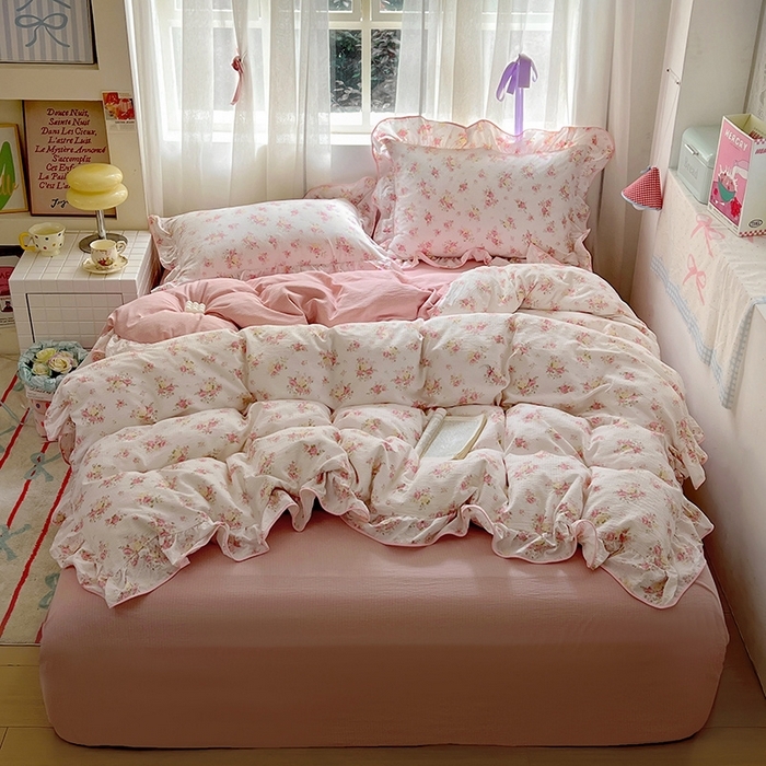 91家纺网 家纺一手货源 找家纺 （总）睡美美家纺 2026新款皱皱纱肤感花边四件套