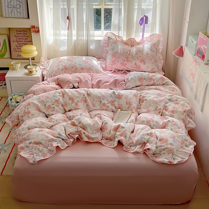 91家纺网 家纺一手货源 找家纺 睡美美家纺 2026新款皱皱纱肤感花边四件套 旧梦蔷薇