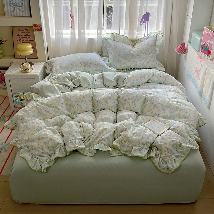 91家纺网 家纺一手货源 找家纺 睡美美家纺 2026新款皱皱纱肤感花边四件套 绿野