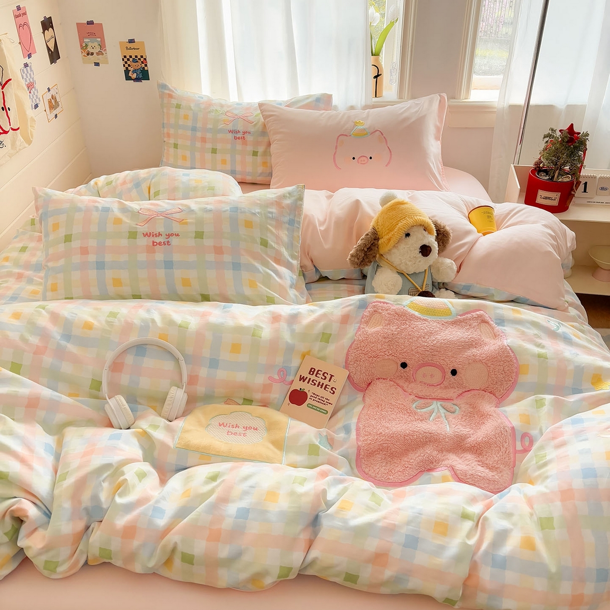 我心家纺 2026新款卡通刺绣四件套 小猪的礼物-彩格