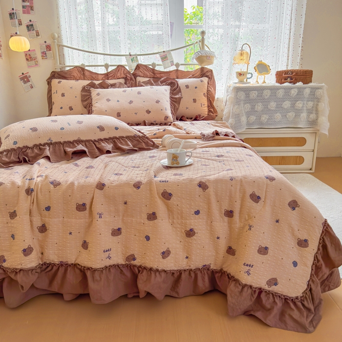 91家纺网 家纺一手货源 找家纺 梵希雅 2026新款泡芙纱床盖夏被四件套 曲奇猫