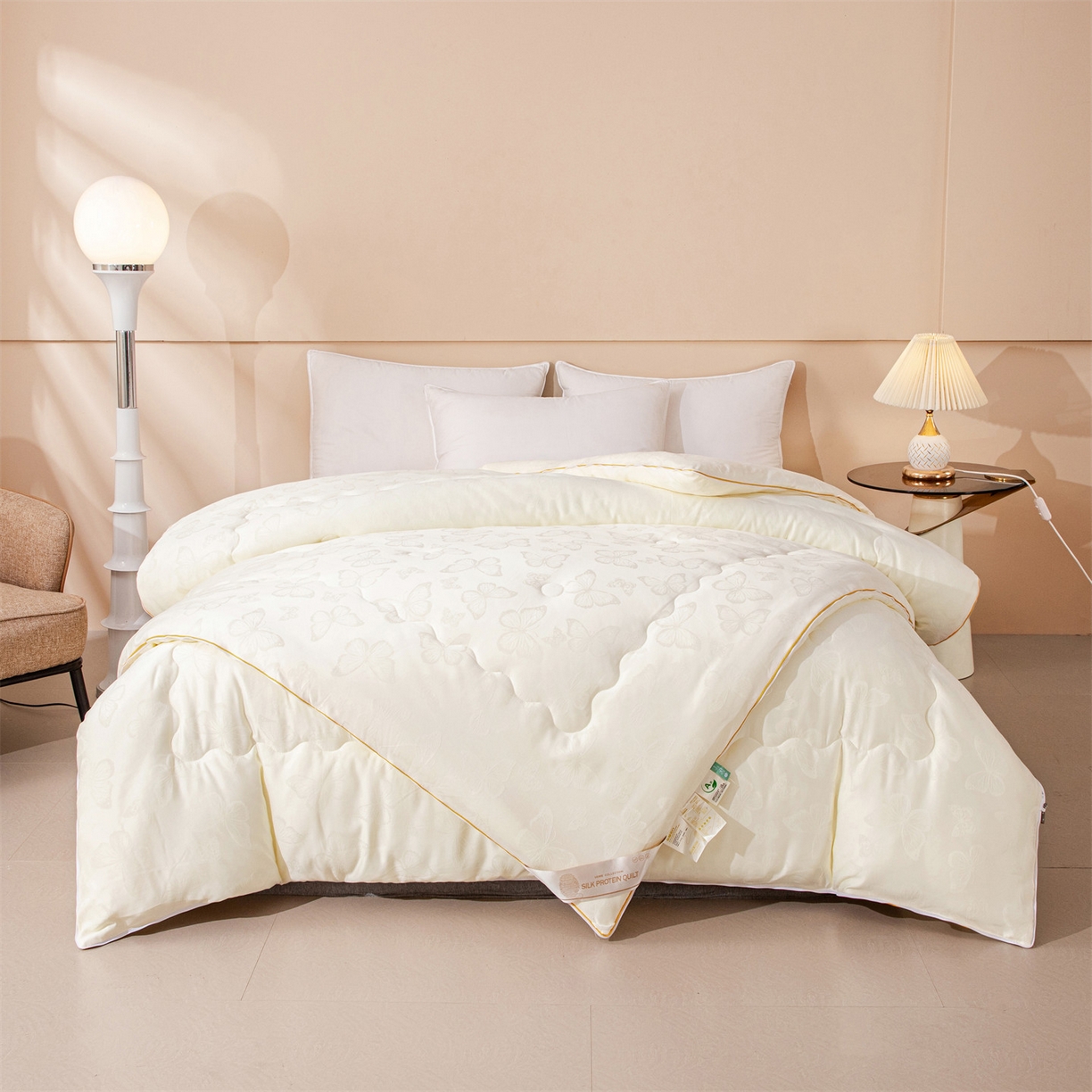 91家纺网 家纺一手货源 找家纺 小禹仔家纺 2026新款二合一拉链款蚕蛹蛋白子母被冬被春秋被夏被被子被芯加厚棉被-蝶梦系列 蝴蝶-米白