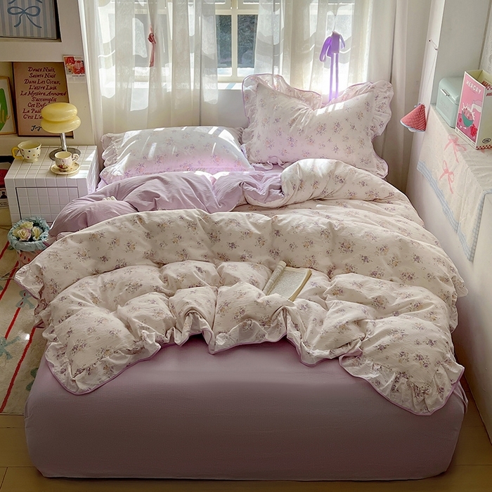 91家纺网 家纺一手货源 找家纺 睡美美家纺 2026新款皱皱纱肤感花边四件套 紫风铃