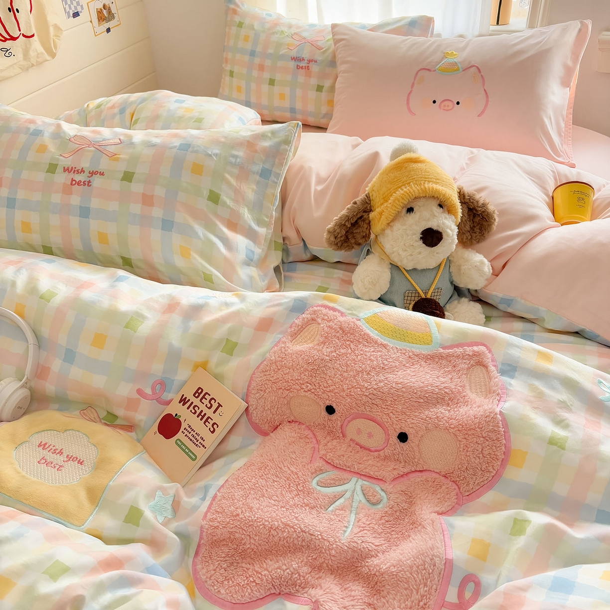 91家纺网 家纺一手货源 找家纺 我心家纺 2026新款卡通刺绣四件套 小猪的礼物-彩格