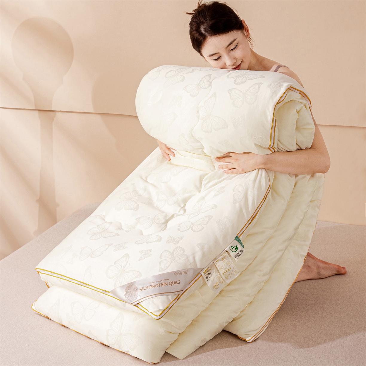 91家纺网 家纺一手货源 找家纺 小禹仔家纺 2026新款二合一拉链款蚕蛹蛋白子母被冬被春秋被夏被被子被芯加厚棉被-蝶梦系列 蝴蝶-米白