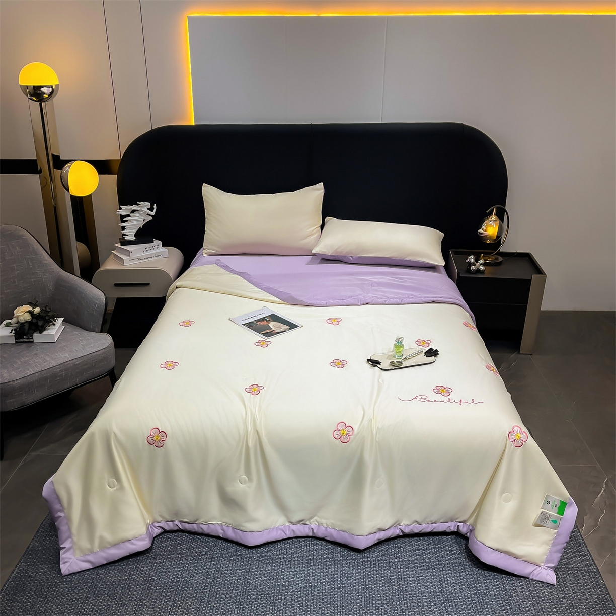 91家纺网 家纺一手货源 找家纺 梵蒂莎 2026新款满绣系列-水洗真丝空调被水洗冰丝夏被四件套夏凉被（需要买家秀，加微信） 花朵-白紫