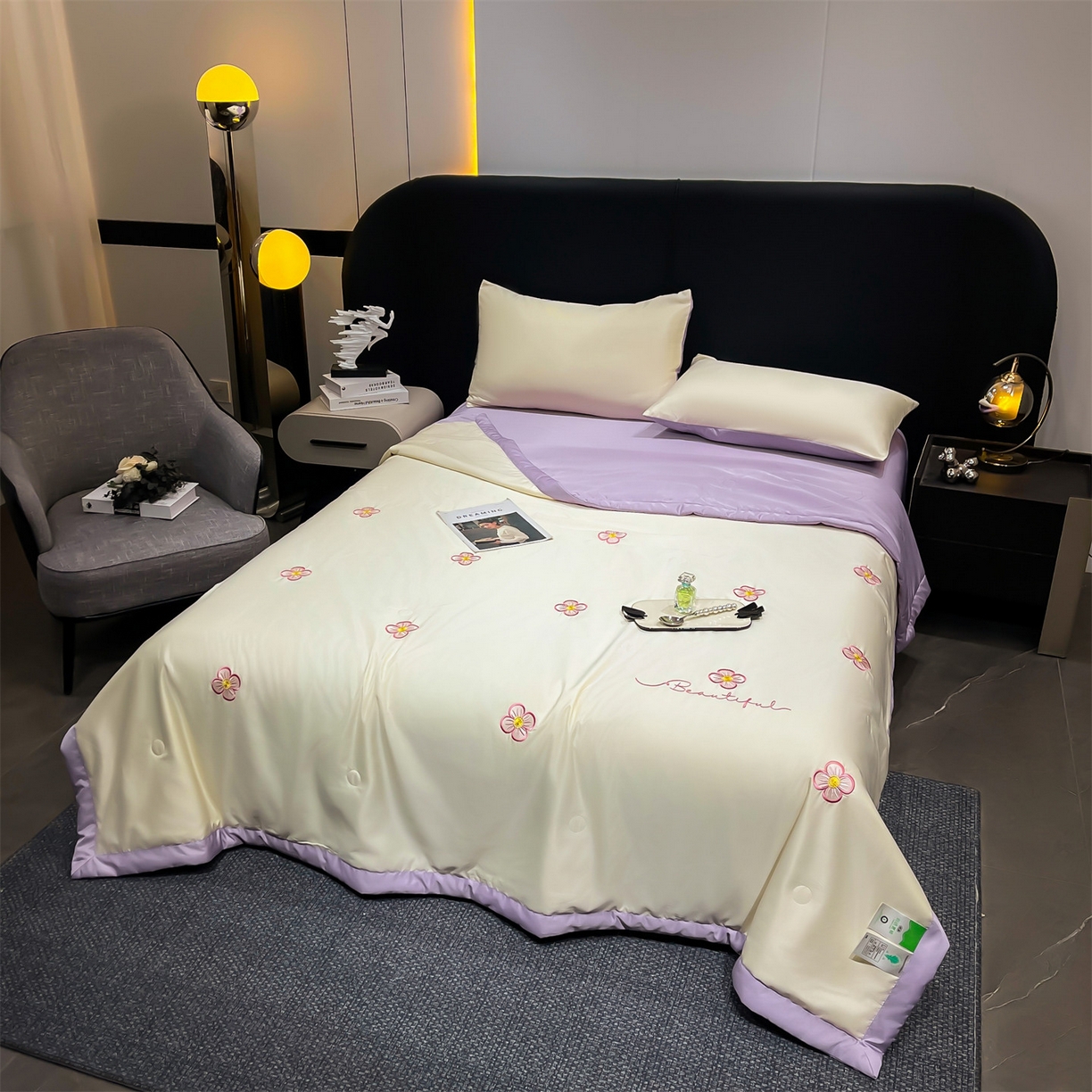 91家纺网 家纺一手货源 找家纺 梵蒂莎 2026新款满绣系列-水洗真丝空调被水洗冰丝夏被四件套夏凉被（需要买家秀，加微信） 花朵-白紫