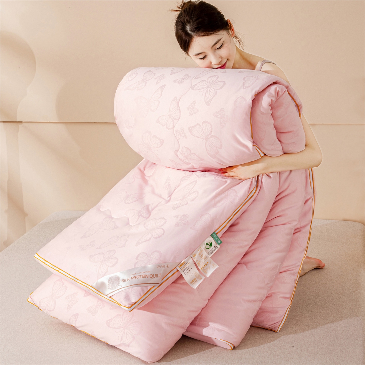 91家纺网 家纺一手货源 找家纺 小禹仔家纺 2026新款二合一拉链款蚕蛹蛋白子母被冬被春秋被夏被被子被芯加厚棉被-蝶梦系列 蝴蝶-粉