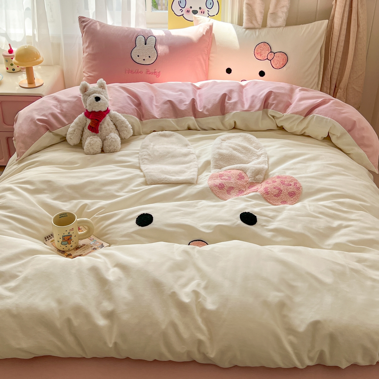 91家纺网 家纺一手货源 找家纺 桃喜 2026新款全棉纯棉贴布绣四件套（会员-5元） 大耳朵兔兔（全棉）