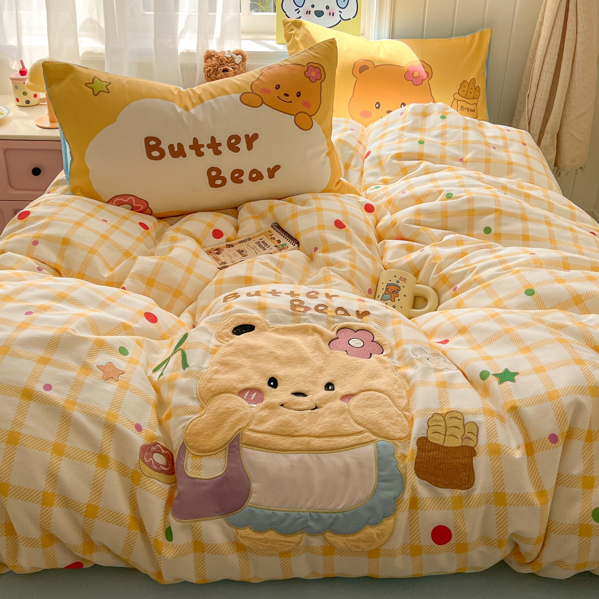 桃喜 2026新款全棉纯棉贴布绣四件套（会员-5元） 黄格小熊（全棉）