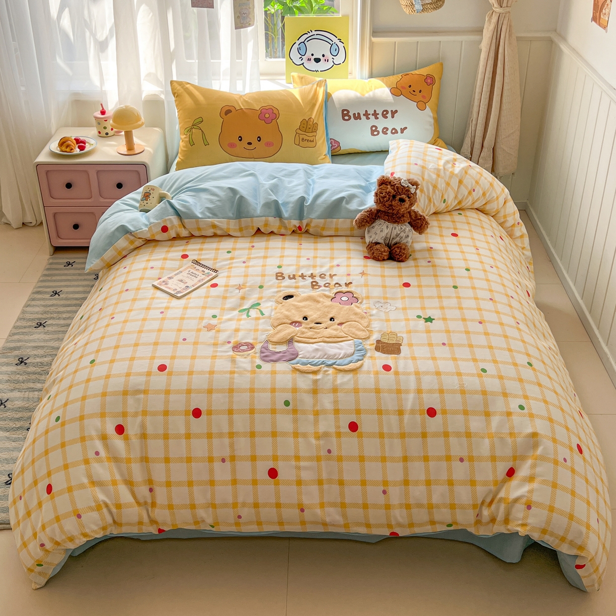 91家纺网 家纺一手货源 找家纺 桃喜 2026新款全棉纯棉贴布绣四件套（会员-5元） 黄格小熊（全棉）