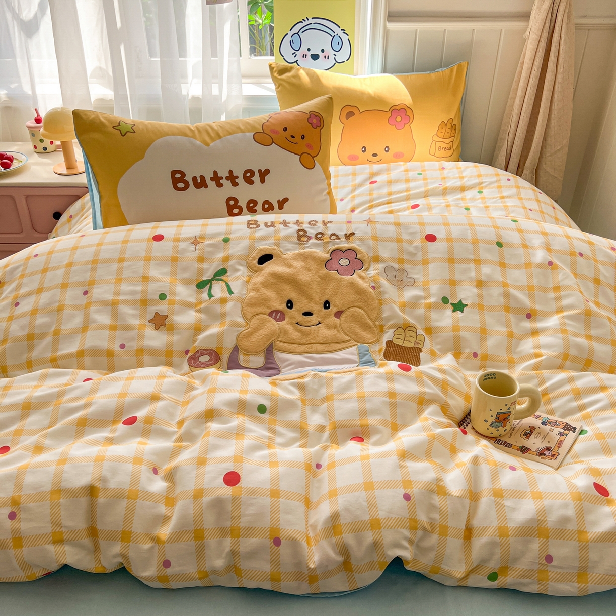 91家纺网 家纺一手货源 找家纺 桃喜 2026新款全棉纯棉贴布绣四件套（会员-5元） 黄格小熊（全棉）