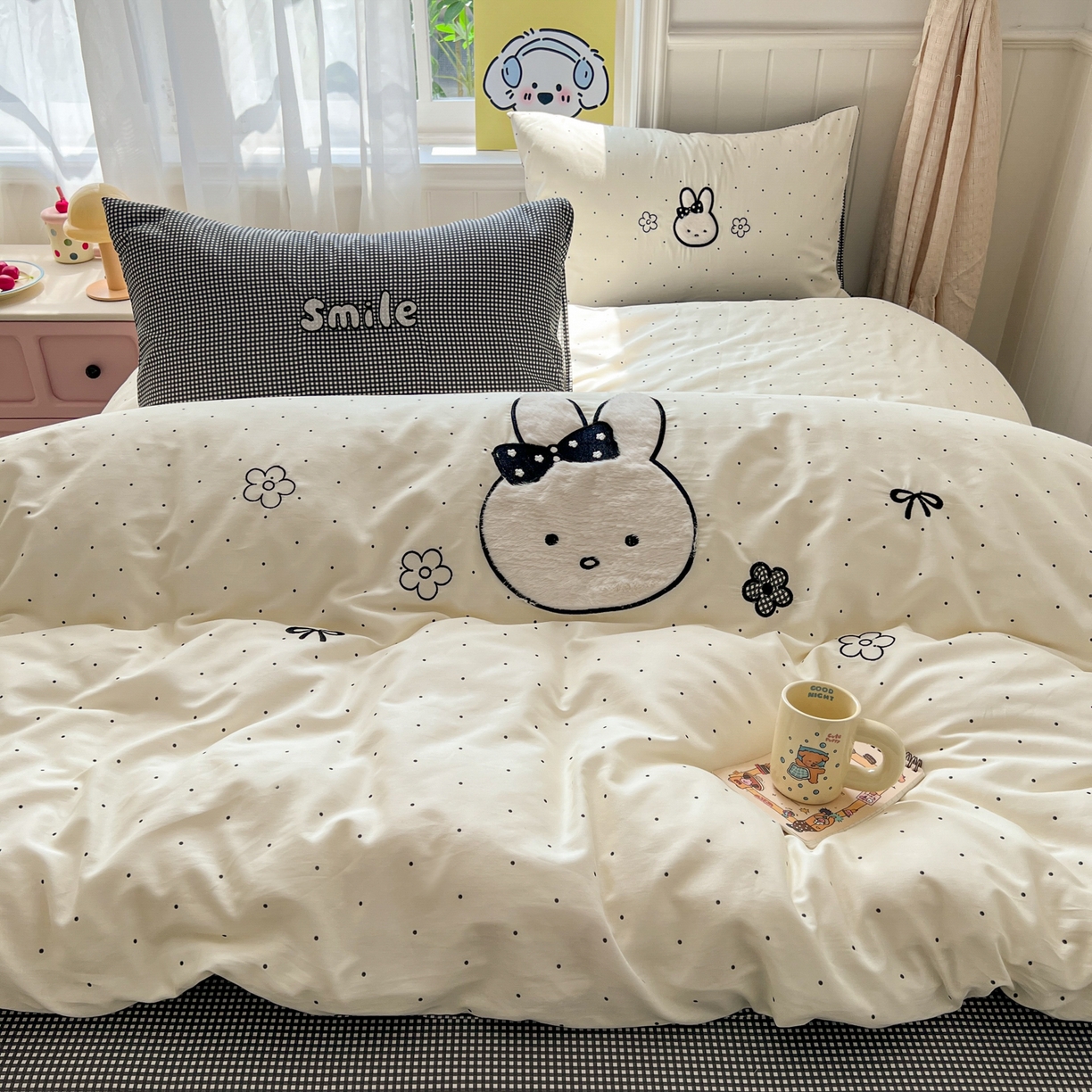 91家纺网 家纺一手货源 找家纺 桃喜 2026新款全棉纯棉贴布绣四件套（会员-5元） 波点兔兔（全棉）