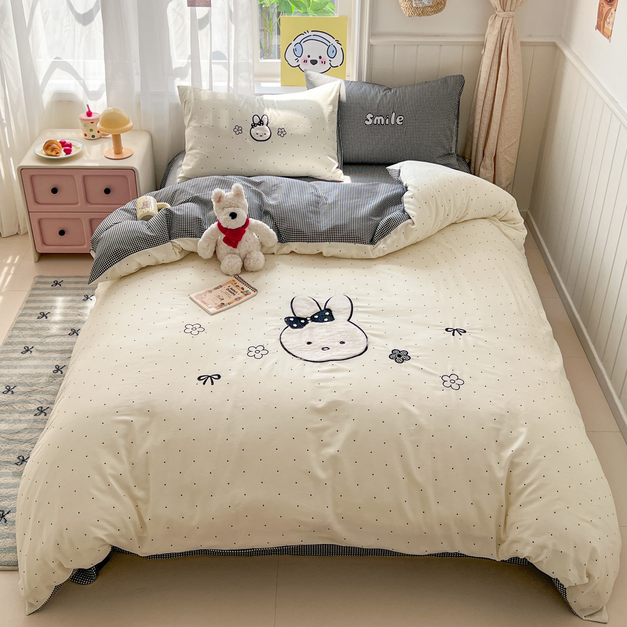 91家纺网 家纺一手货源 找家纺 桃喜 2026新款全棉纯棉贴布绣四件套（会员-5元） 波点兔兔（全棉）