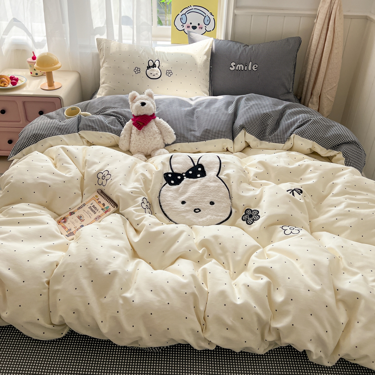 91家纺网 家纺一手货源 找家纺 桃喜 2026新款全棉纯棉贴布绣四件套（会员-5元） 波点兔兔（全棉）