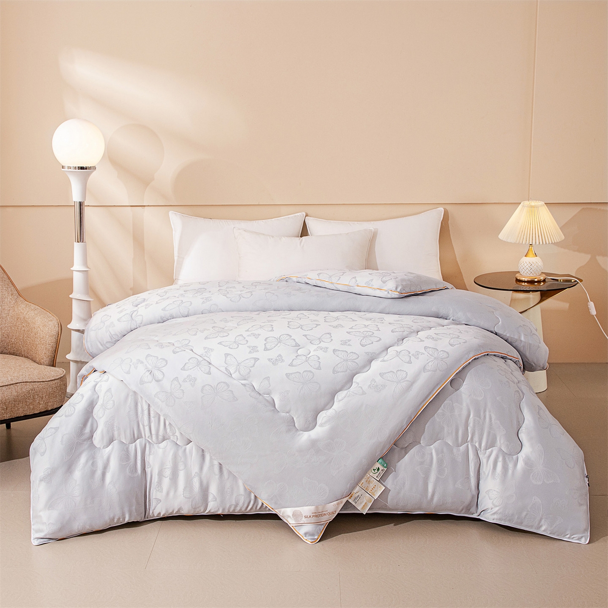 91家纺网 家纺一手货源 找家纺 小禹仔家纺 2026新款二合一拉链款蚕蛹蛋白子母被冬被春秋被夏被被子被芯加厚棉被-蝶梦系列 蝴蝶-灰