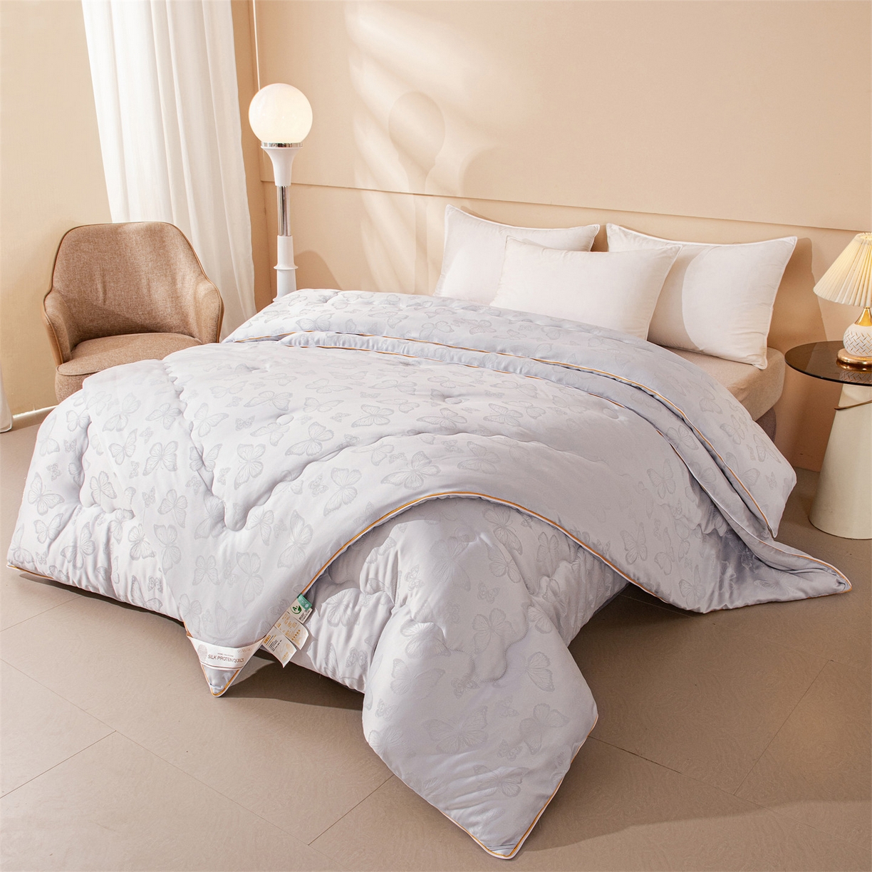 91家纺网 家纺一手货源 找家纺 小禹仔家纺 2026新款二合一拉链款蚕蛹蛋白子母被冬被春秋被夏被被子被芯加厚棉被-蝶梦系列 蝴蝶-灰