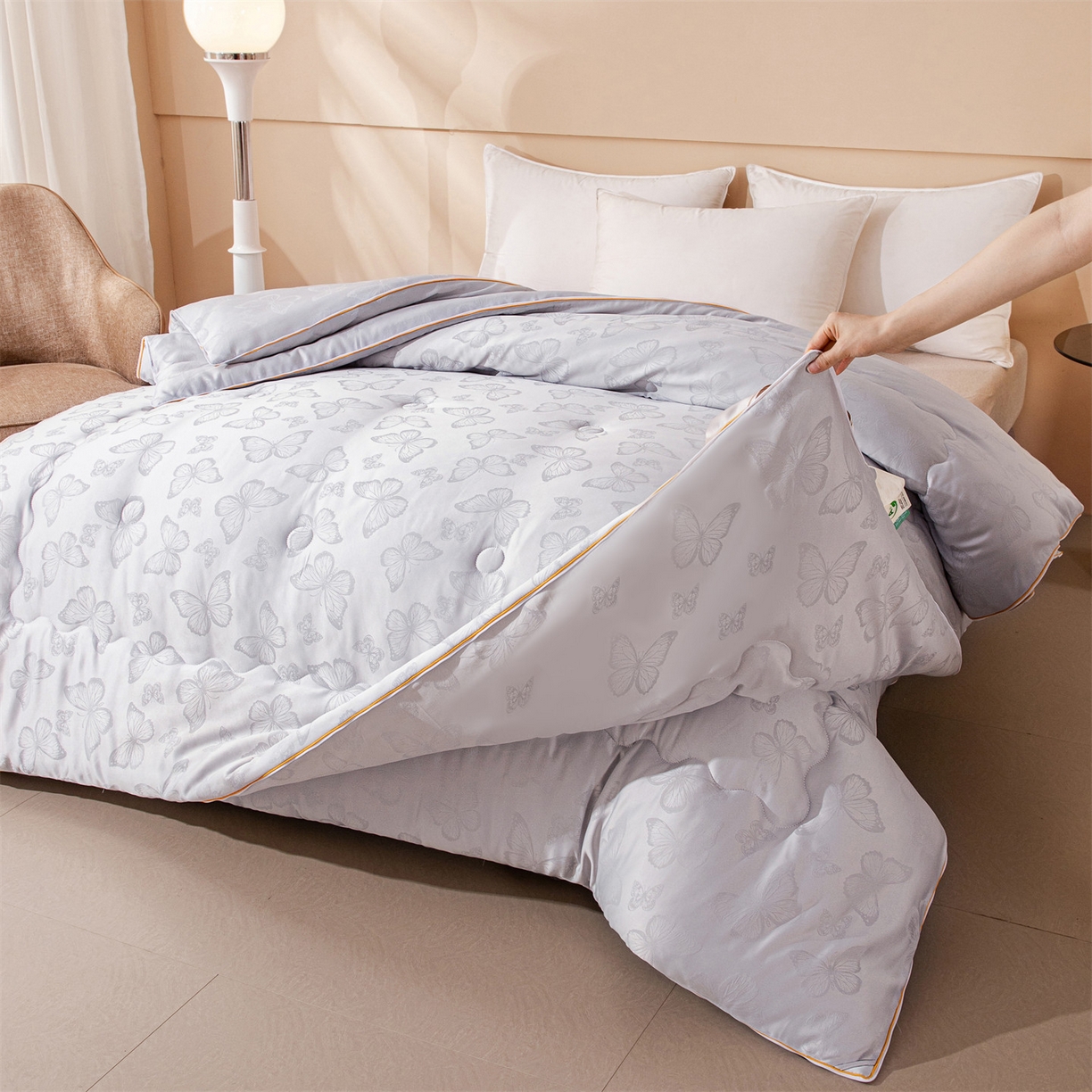 91家纺网 家纺一手货源 找家纺 小禹仔家纺 2026新款二合一拉链款蚕蛹蛋白子母被冬被春秋被夏被被子被芯加厚棉被-蝶梦系列 蝴蝶-灰