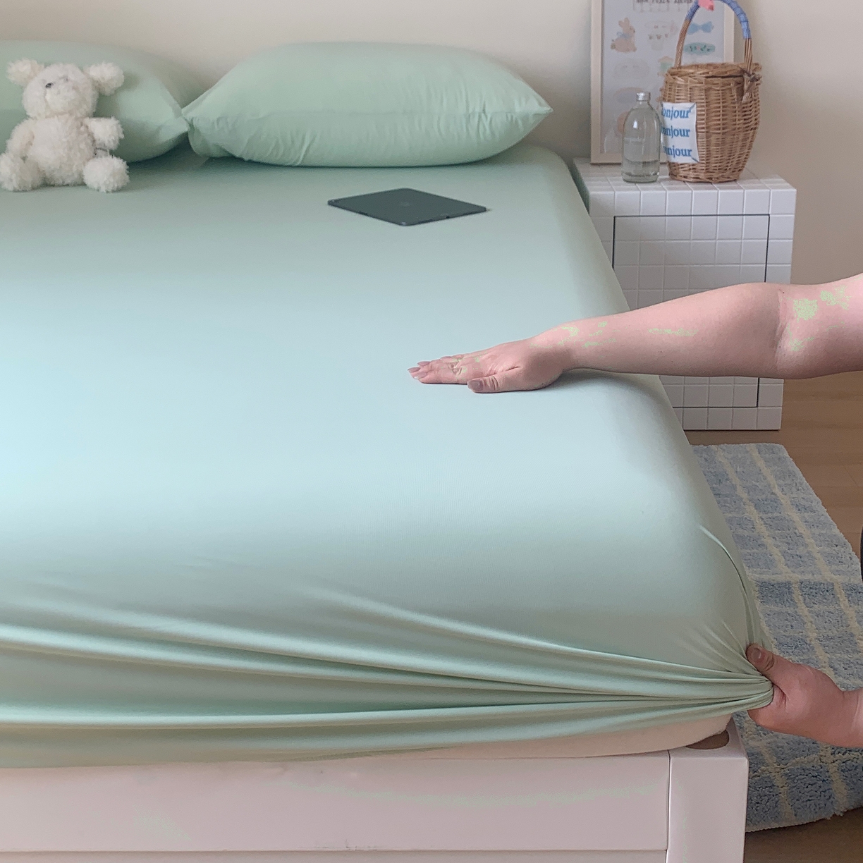 91家纺网 家纺一手货源 找家纺 桃喜 2026新款2026新款纯色165gA类锦氨凉感冰皮床笠单品床笠有凉感值检测报告 草绿