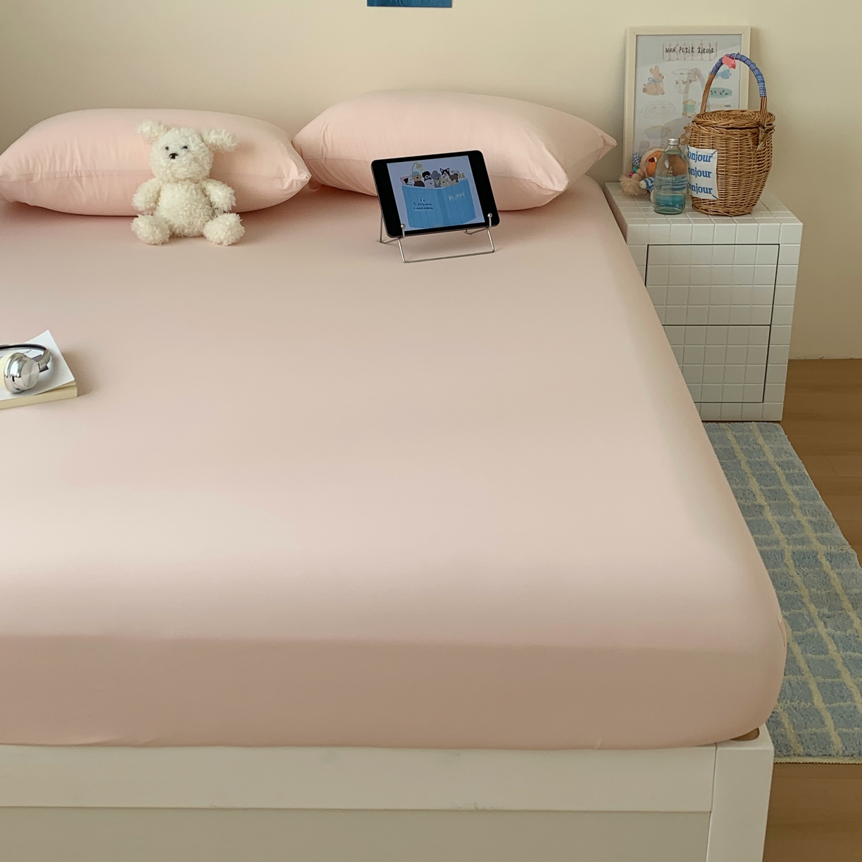 91家纺网 家纺一手货源 找家纺 桃喜 2026新款2026新款纯色165gA类锦氨凉感冰皮床笠单品床笠有凉感值检测报告 蜜桃粉