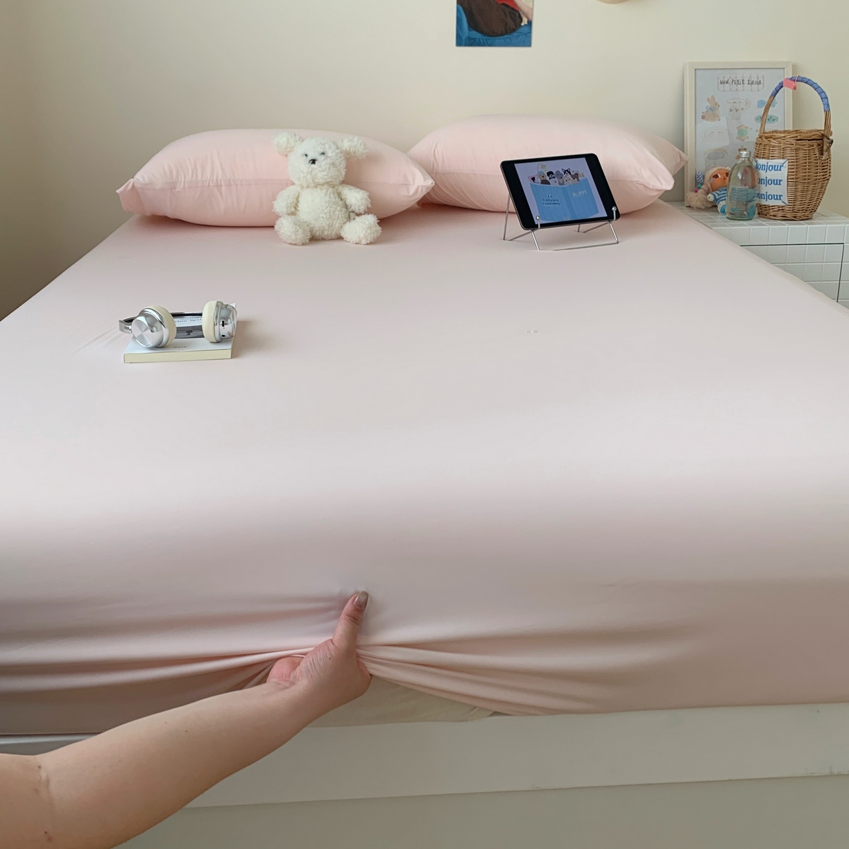 91家纺网 家纺一手货源 找家纺 桃喜 2026新款2026新款纯色165gA类锦氨凉感冰皮床笠单品床笠有凉感值检测报告 蜜桃粉