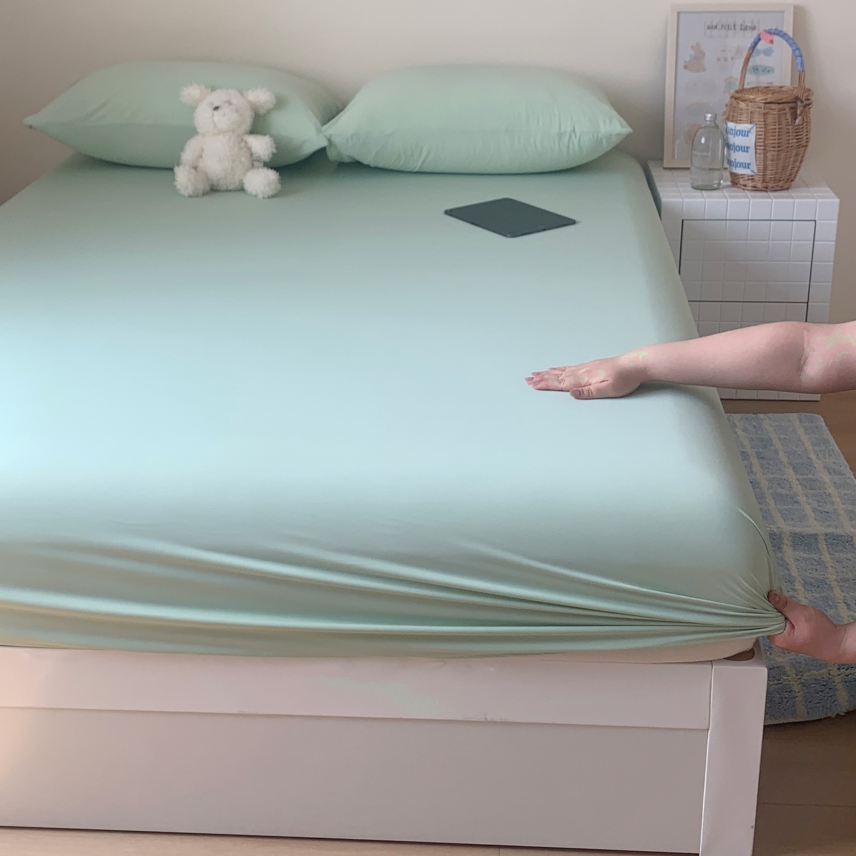 91家纺网 家纺一手货源 找家纺 桃喜 2026新款2026新款纯色165gA类锦氨凉感冰皮床笠单品床笠有凉感值检测报告 草绿