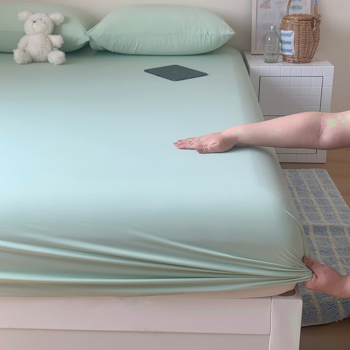 91家纺网 家纺一手货源 找家纺 桃喜 2026新款2026新款纯色165gA类锦氨凉感冰皮床笠单品床笠有凉感值检测报告 草绿