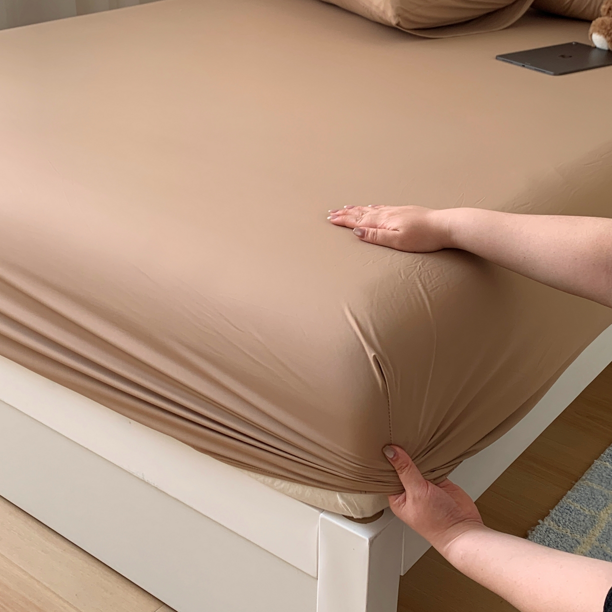 91家纺网 家纺一手货源 找家纺 桃喜 2026新款2026新款纯色165gA类锦氨凉感冰皮床笠单品床笠有凉感值检测报告 奶茶咖