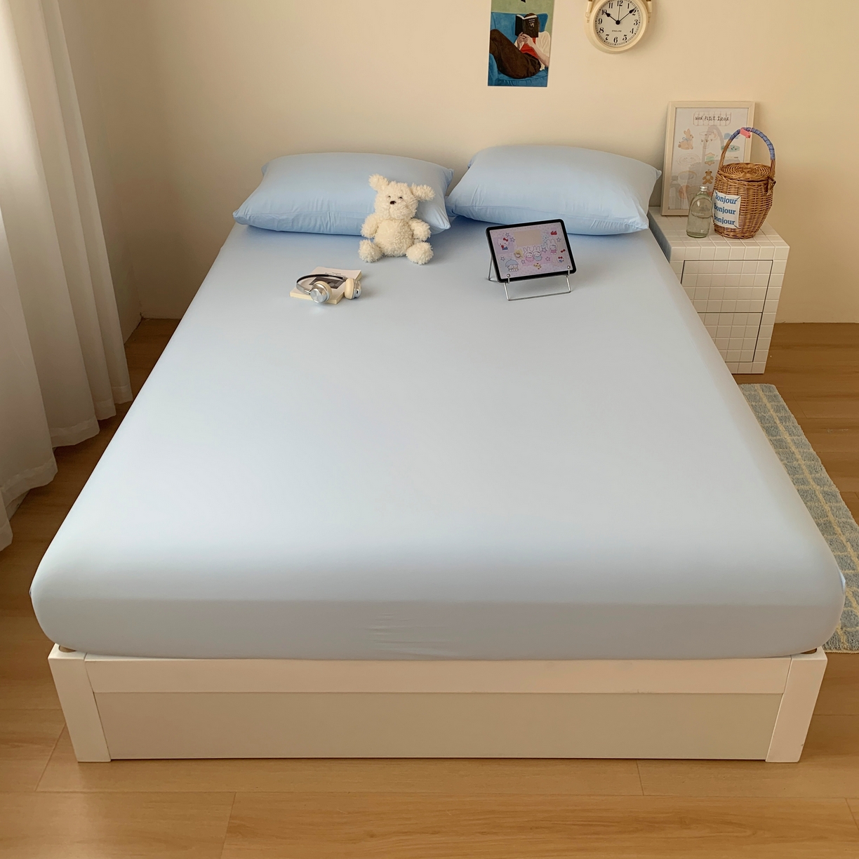 91家纺网 家纺一手货源 找家纺 桃喜 2026新款2026新款纯色165gA类锦氨凉感冰皮床笠单品床笠有凉感值检测报告 天空蓝