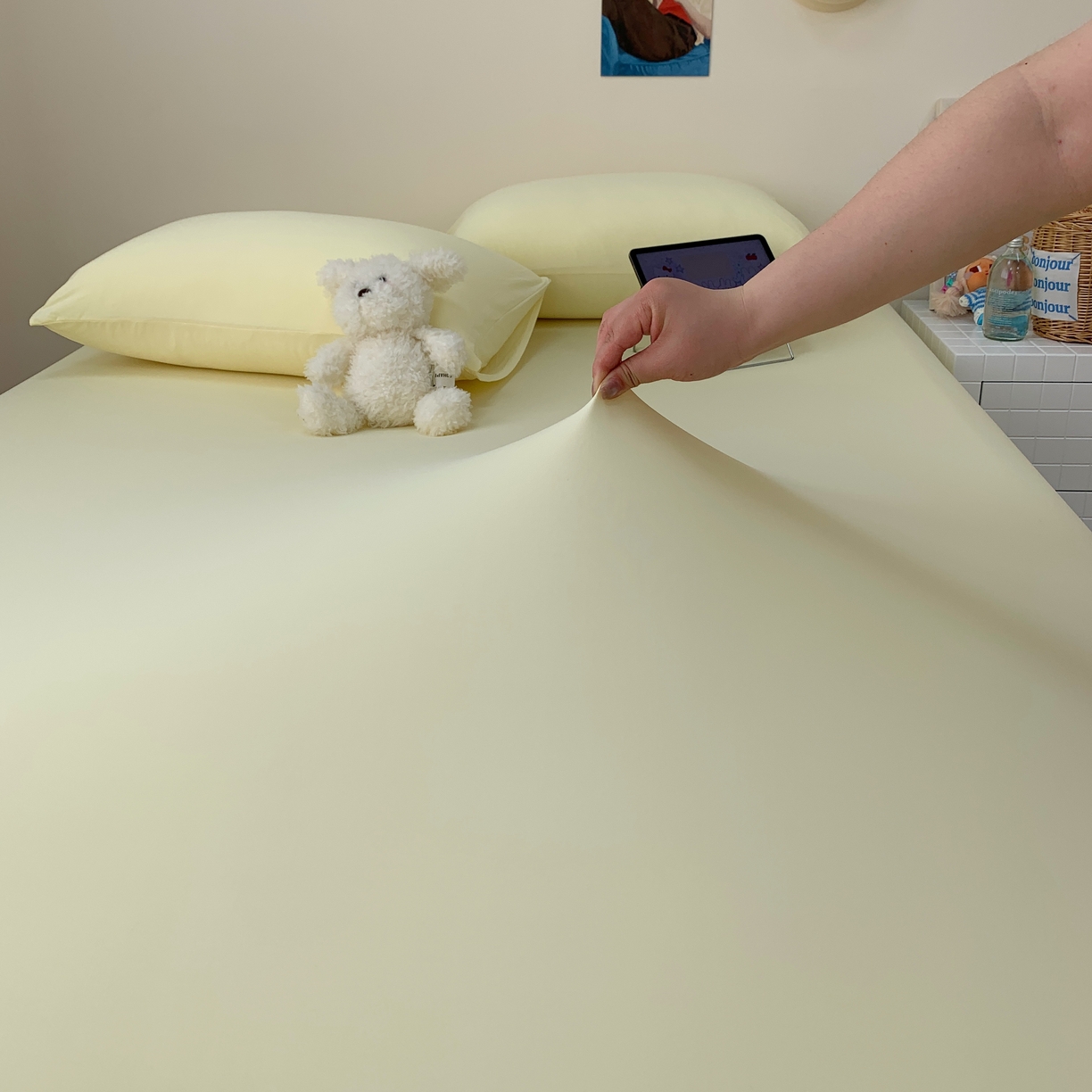 91家纺网 家纺一手货源 找家纺 桃喜 2026新款2026新款纯色165gA类锦氨凉感冰皮床笠单品床笠有凉感值检测报告 奶昔黄