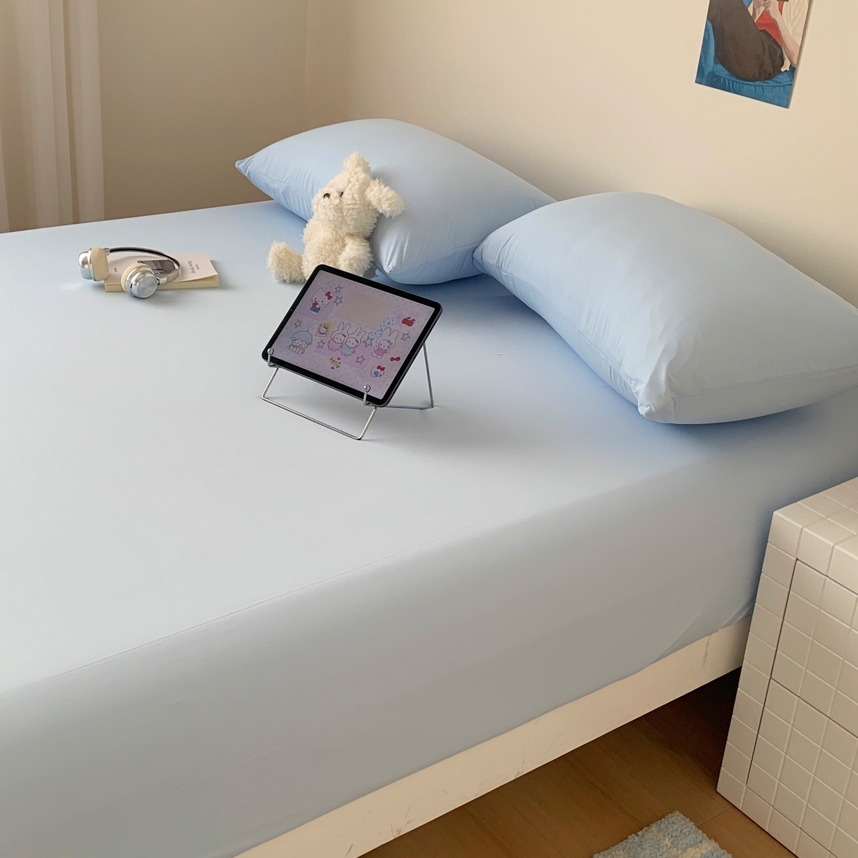 91家纺网 家纺一手货源 找家纺 桃喜 2026新款2026新款纯色165gA类锦氨凉感冰皮床笠单品床笠有凉感值检测报告 天空蓝