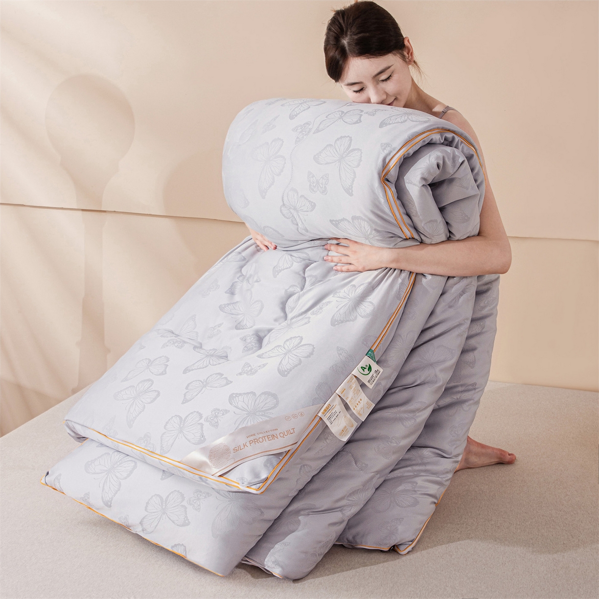 91家纺网 家纺一手货源 找家纺 小禹仔家纺 2026新款二合一拉链款蚕蛹蛋白子母被冬被春秋被夏被被子被芯加厚棉被-蝶梦系列 蝴蝶-灰