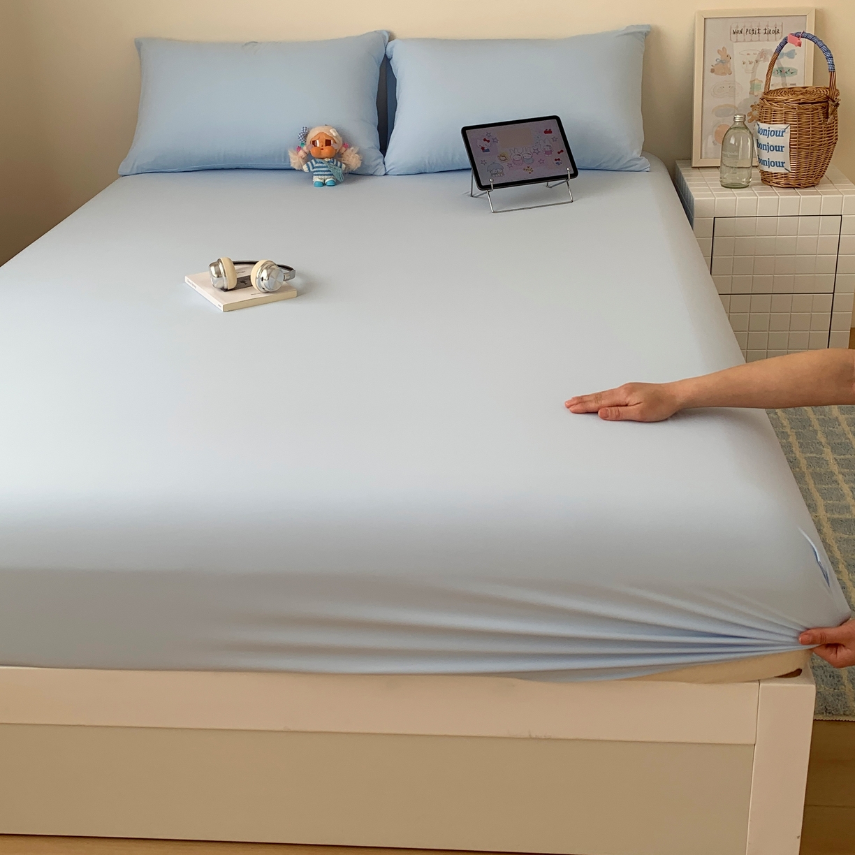 91家纺网 家纺一手货源 找家纺 桃喜 2026新款2026新款纯色165gA类锦氨凉感冰皮床笠单品床笠有凉感值检测报告 天空蓝