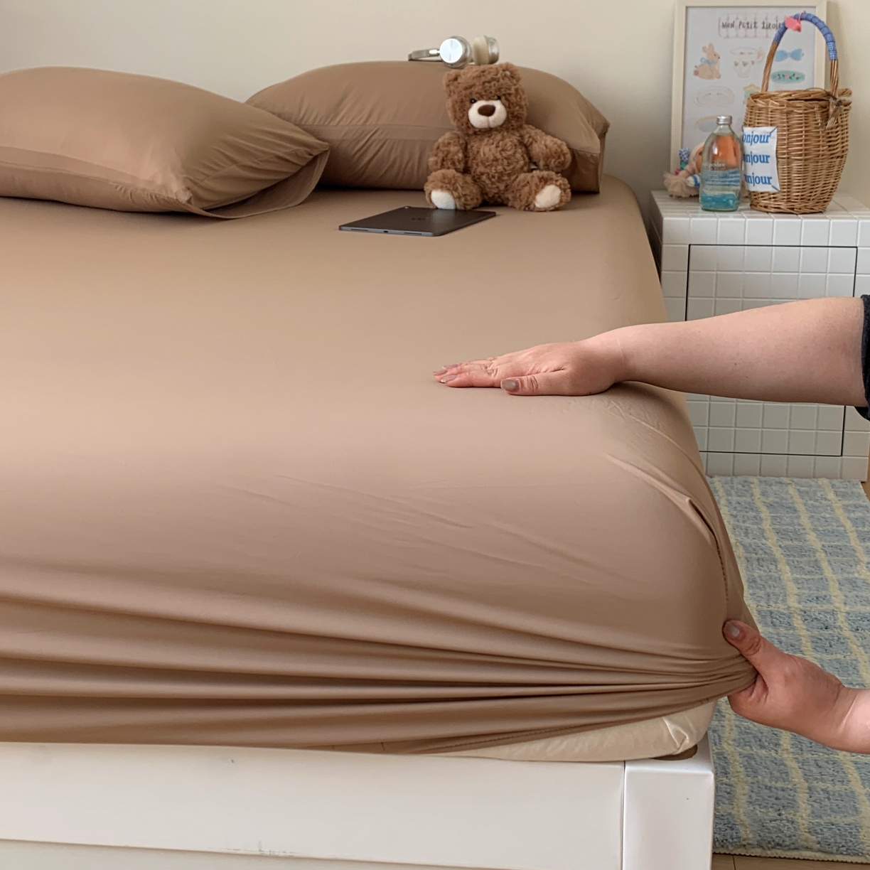 91家纺网 家纺一手货源 找家纺 桃喜 2026新款2026新款纯色165gA类锦氨凉感冰皮床笠单品床笠有凉感值检测报告 奶茶咖