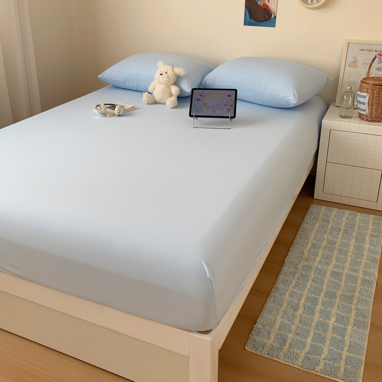 91家纺网 家纺一手货源 找家纺 桃喜 2026新款2026新款纯色165gA类锦氨凉感冰皮床笠单品床笠有凉感值检测报告 天空蓝